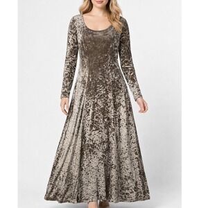 JumpingJoy Vintage Taupe Gold Crushed Velvet‎ Long Sleeve Maxi Dress Fairy Goth